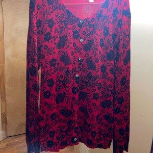 Red cardigan w/ Black floral print